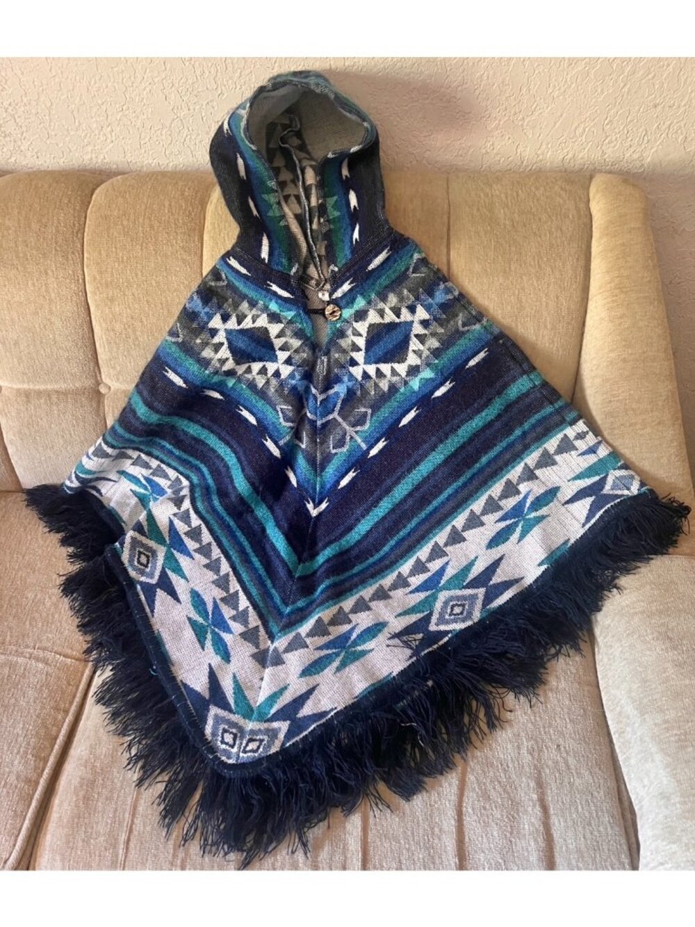 Ecuadorian Poncho Kids 8 Handmade Alpaca Wool Hood & Fringe Blue White Turquoise - Picture 2 of 12